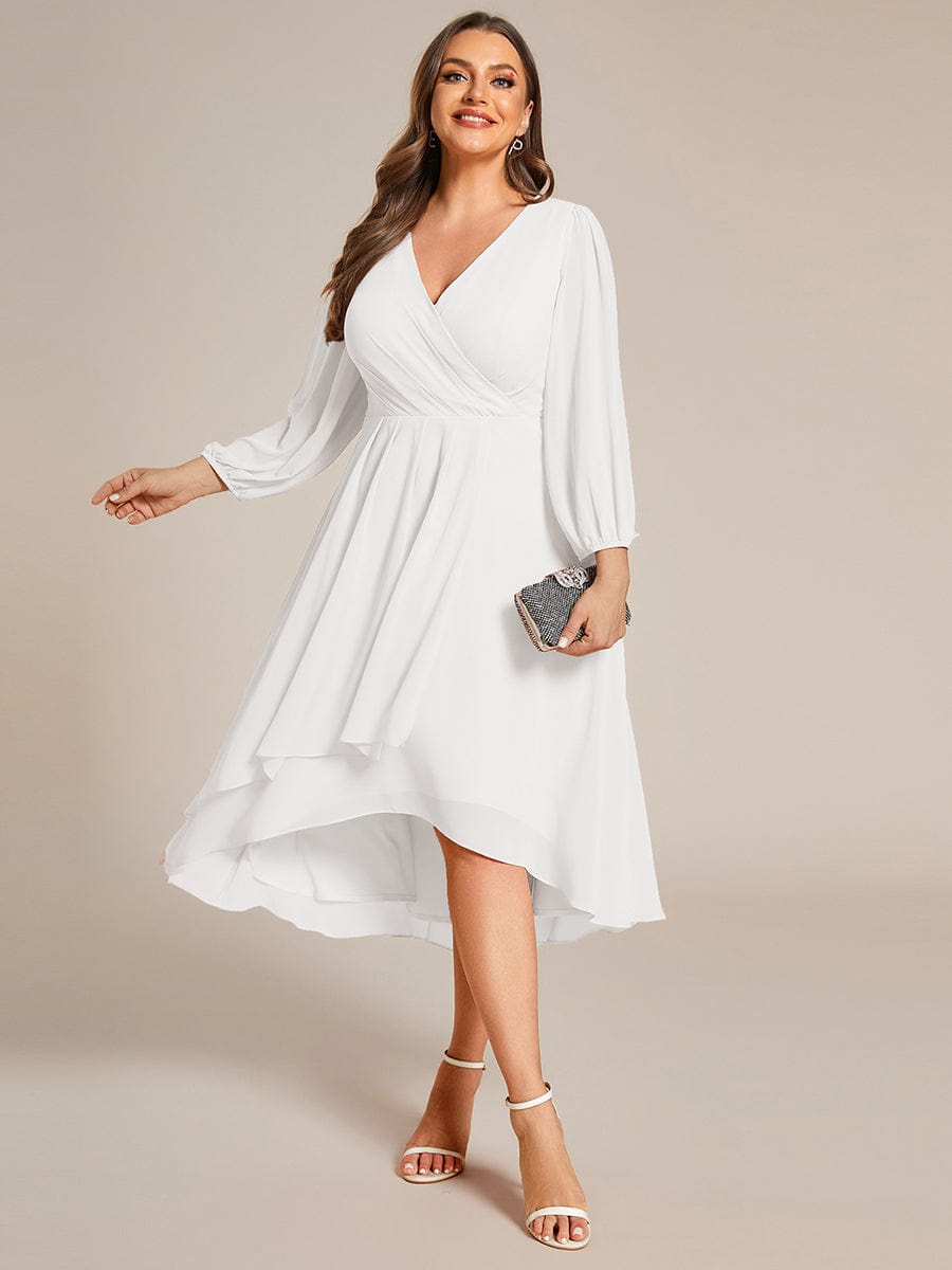 Plus Size Pleated Chiffon Long Sleeve Midi Dress #color_White