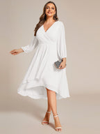 Plus Size Pleated Chiffon Long Sleeve Midi Dress #color_White