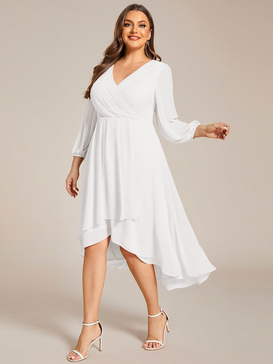 Plus Size Pleated Chiffon Long Sleeve Midi Dress #color_White