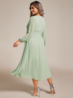 Plus Size Flowy Long Sleeve Midi Chiffon Dress #color_Sage Green