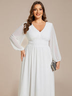 Plus Size Flowy Long Sleeve Midi Chiffon Dress #color_White