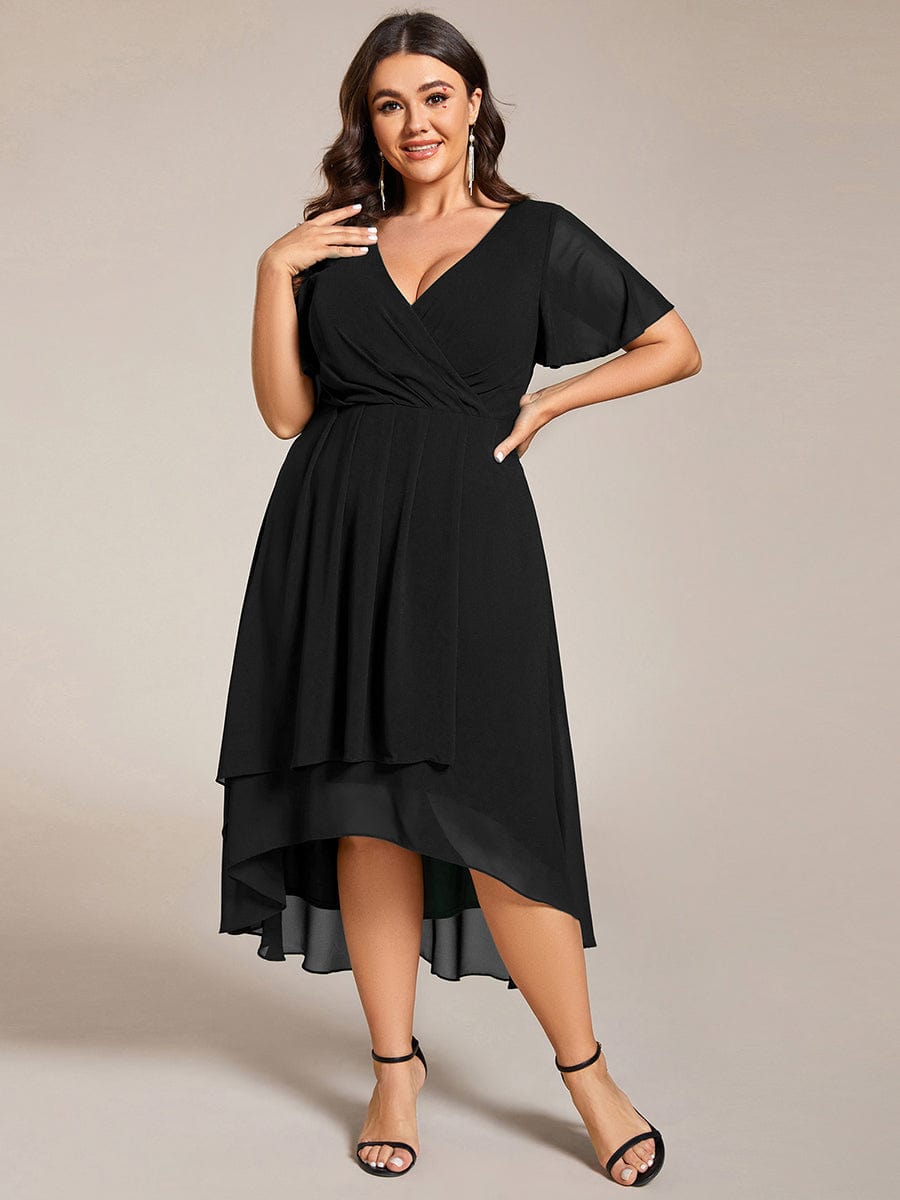 Pleated Plus Size High Low Dress with Short Sleeves - Burgundy / 16 Pleated Plus Size High Low Dress with Short Sleeves - Burgundy / 16