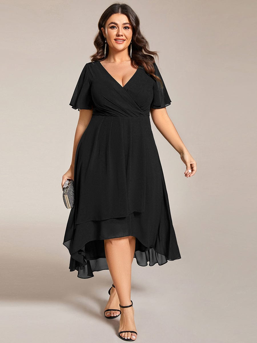 Pleated Plus Size High Low Dress with Short Sleeves