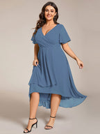 Pleated V-Neck Plus Size High Low Dress with Short Sleeves #color_Dusty Blue