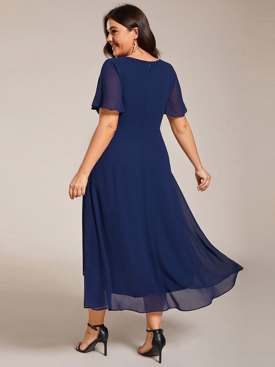 navy blue tea length dress plus size Elegant Dark Navy Chiffon Mother of the Bride Navy Wedding guest dress with Lace Appliques and Half Sleeves
