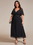 Plus Size V-Neck Waist Applique Midi Dress #color_Black
