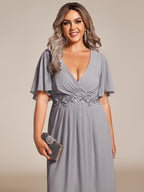 Plus Size V-Neck Waist Applique Midi Dress #color_Grey