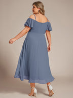 Plus Size Off-the-shoulder Chiffon Midi Dress #color_Dusty Blue