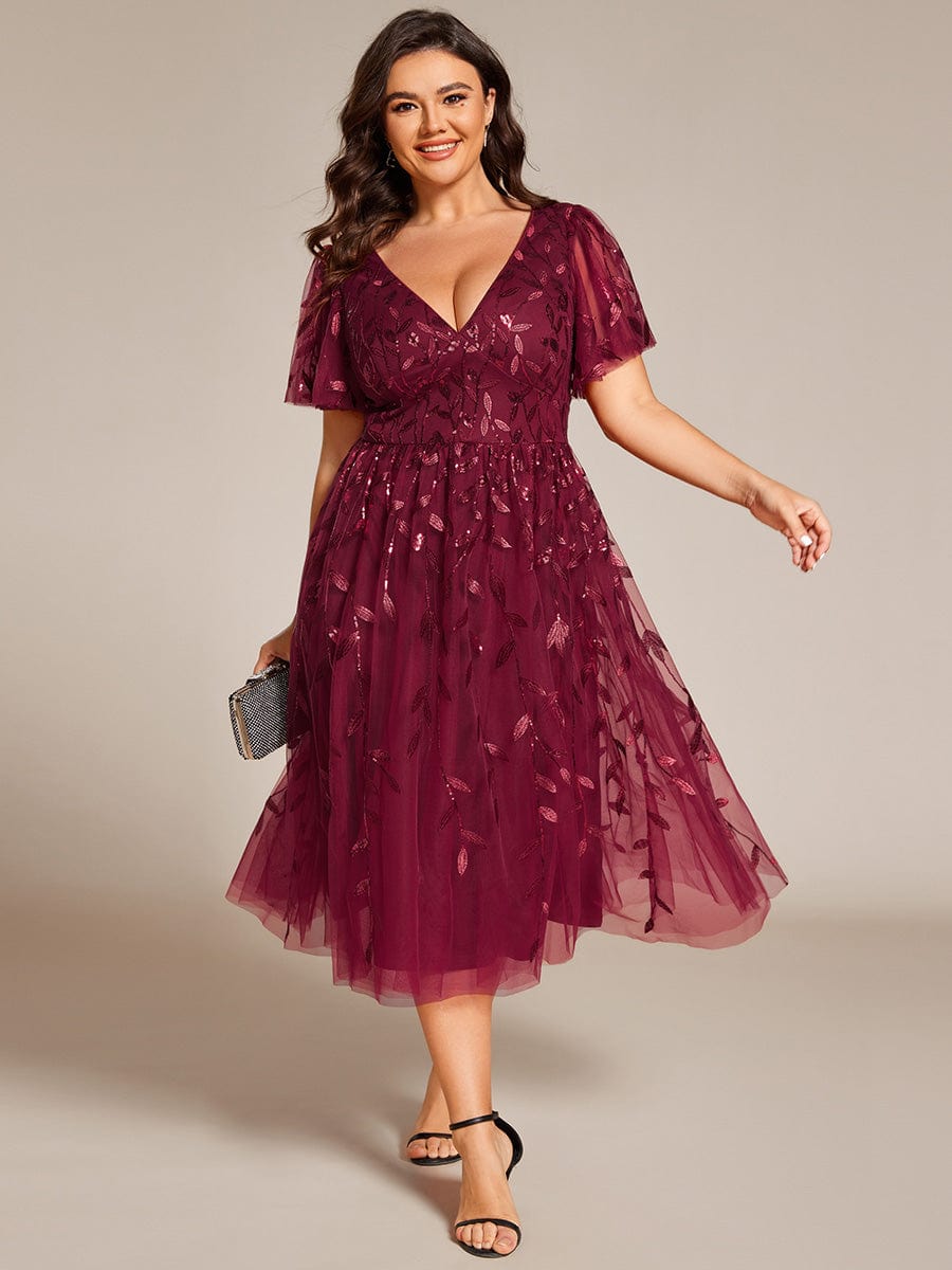 Plus Size Leaf Sequin V-Neck Midi Tulle Dress Ever-Pretty Plus Plus Size Leaf Sequin V-Neck Midi Tulle Dress Ever-Pretty Plus