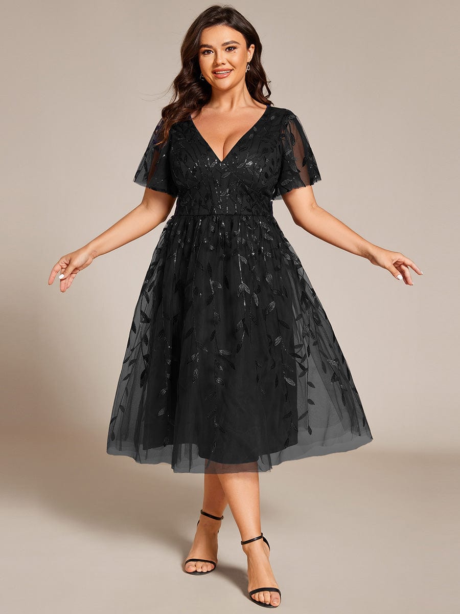 Plus Size Leaf Sequin V-Neck Midi Tulle Dress Ever-Pretty Plus Plus Size Leaf Sequin V-Neck Midi Tulle Dress Ever-Pretty Plus