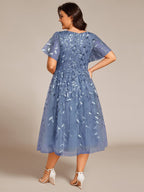 Plus Size A-Line Midi Dress with Leaf Sequin #color_Dusty Blue