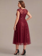 Plus Size See-through Sequin Wedding Guest Dress #color_Burgundy