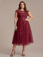 Plus Size See-through Sequin Wedding Guest Dress #color_Burgundy
