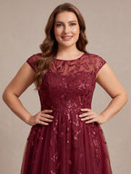 Plus Size See-through Sequin Wedding Guest Dress #color_Burgundy