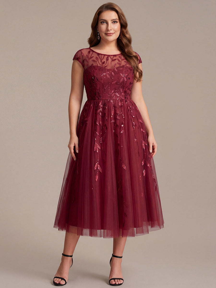 Plus Size See-through Sequin Wedding Guest Dress #color_Burgundy