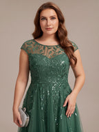 Plus Size See-through Sequin Wedding Guest Dress #color_Eucalyptus