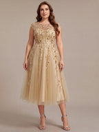 Plus Size See-through Sequin Wedding Guest Dress #color_Gold