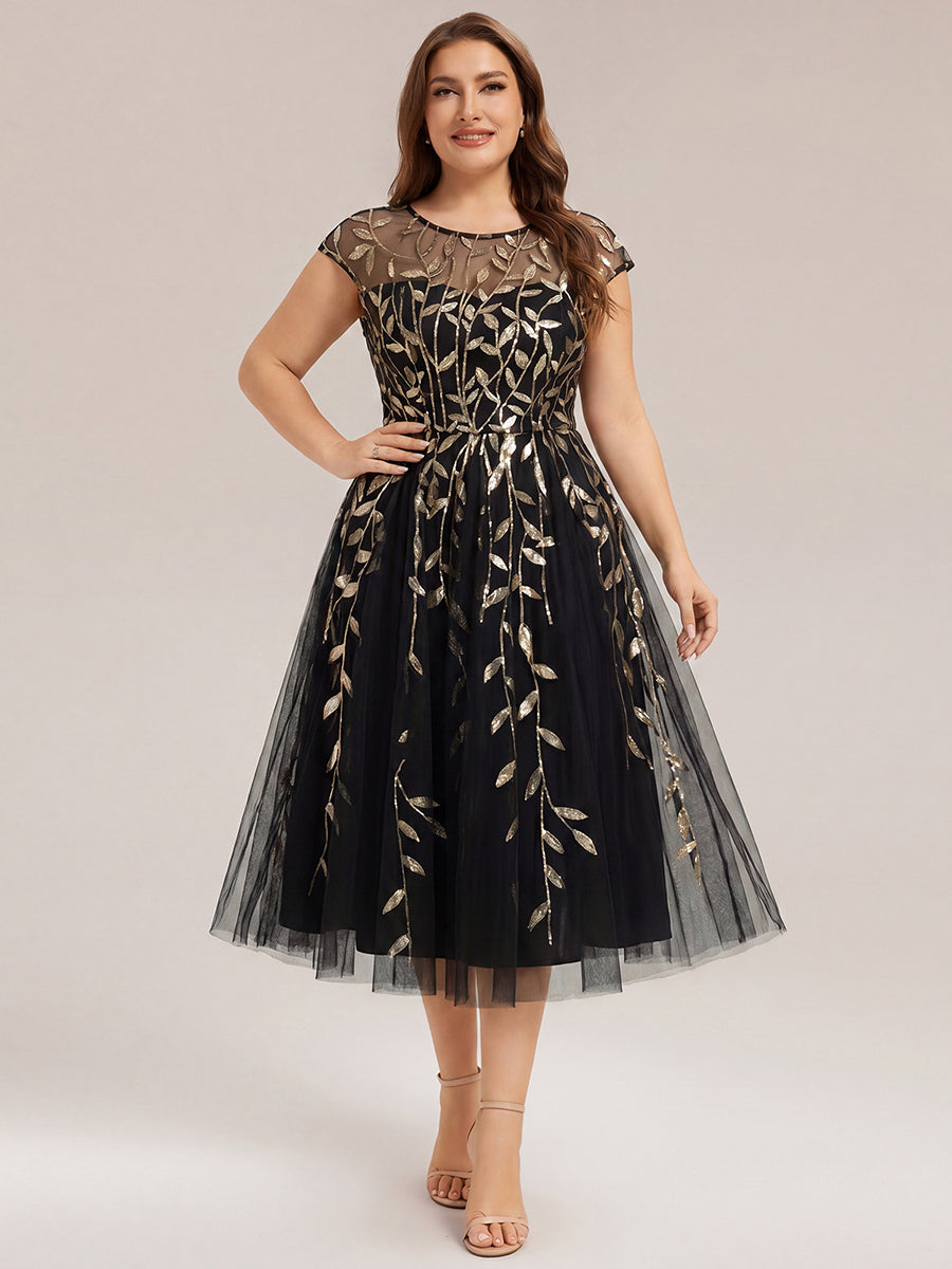 Plus Size See-through Sequin Wedding Guest Dress #color_Black & Gold