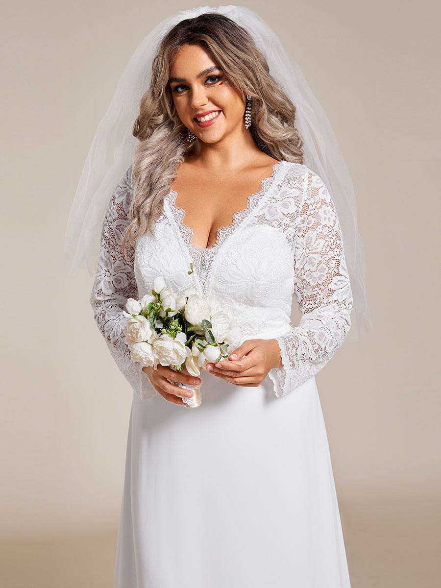 Plus Size Long Sleeves Bodycon V-Neck Lace Top Wedding Dress with Chiffon Ever-Pretty Plus Plus Size Long Sleeves Bodycon V-Neck Lace Top Wedding Dress with Chiffon Ever-Pretty Plus