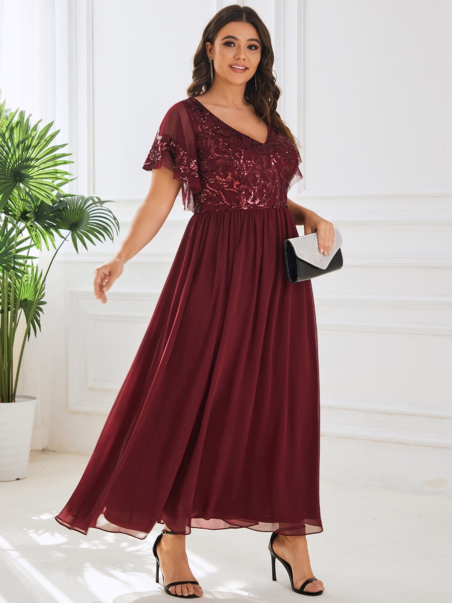 Sequin Chiffon Plus Size Maxi Dress with Short Sleeves