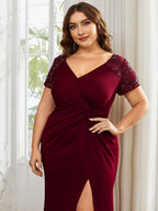 Twist Front Plus Size Maxi Dress with Embellished Sleeves #color_Burgundy