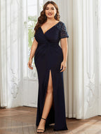 Twist Front Plus Size Maxi Dress with Embellished Sleeves #color_Navy Blue