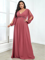Plus Size Chiffon Empire Waist Maxi Dresses with Long Lantern Sleeves #color_Cameo Brown