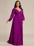 Plus Size Chiffon Empire Waist Maxi Dresses with Long Lantern Sleeves #color_Fuchsia
