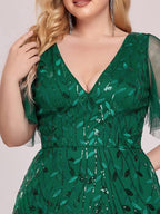 Plus Size Leaf Sequin Tulle A-Line Maxi Dress with Short Sleeves #color_Dark Green