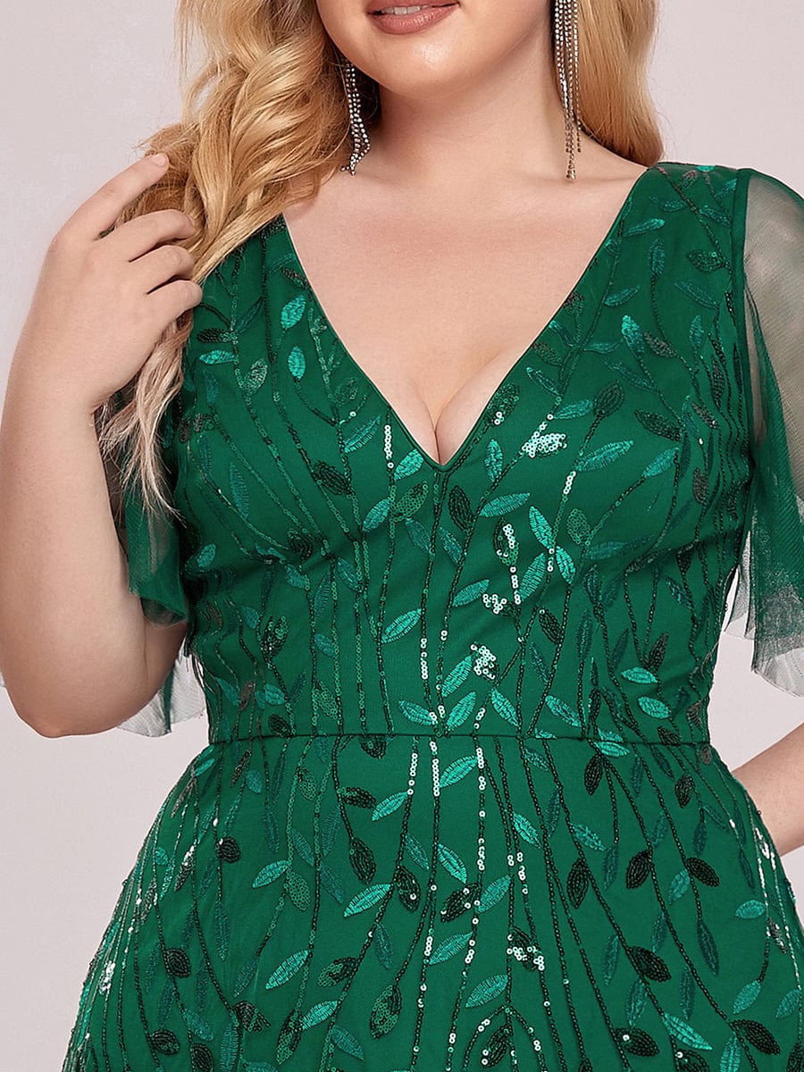 Plus Size Leaf Sequin Tulle A-Line Maxi Dress with Short Sleeves #color_Dark Green