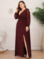 Plus Size V-Neck Shiny Long Sleeve Maxi Dress #color_Burgundy