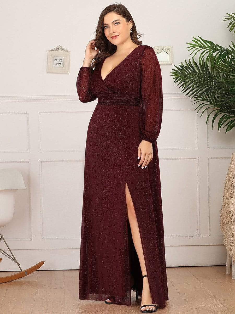 Plus Size V-Neck Shiny Long Sleeve Maxi Dress #color_Burgundy