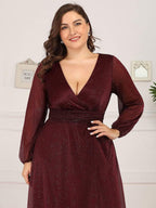 Plus Size V-Neck Shiny Long Sleeve Maxi Dress #color_Burgundy