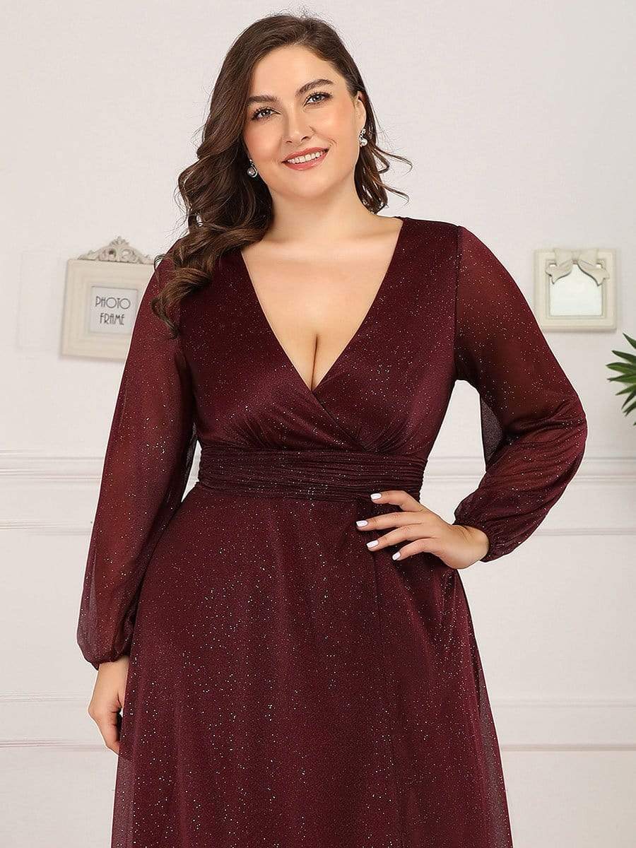 Plus Size V-Neck Shiny Long Sleeve Maxi Dress #color_Burgundy
