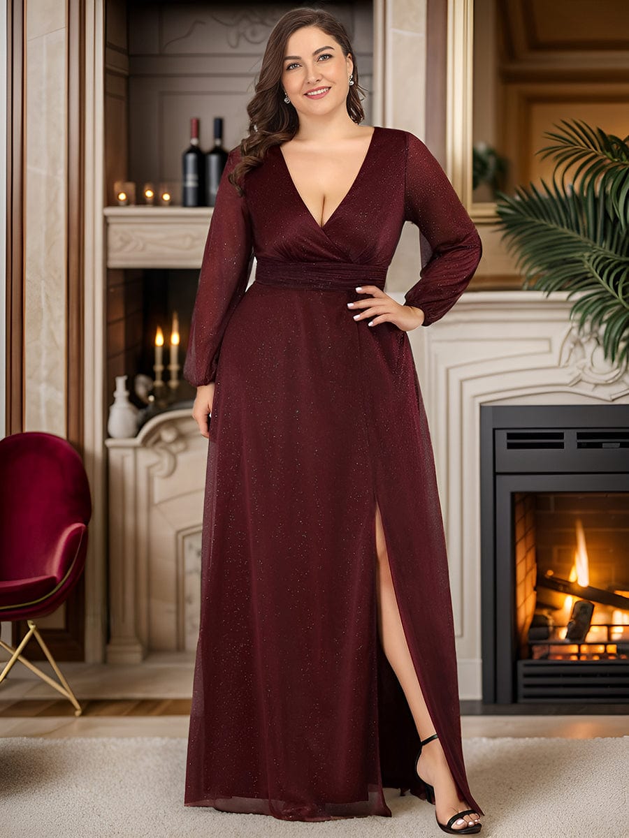 Plus Size V-Neck Shiny Long Sleeve Maxi Dress #color_Burgundy