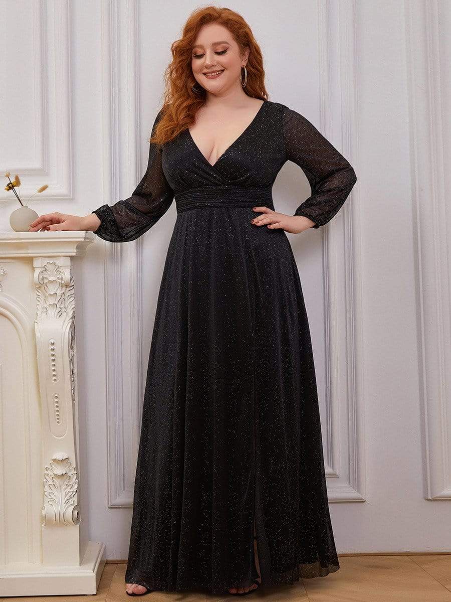 Plus Size V-Neck Shiny Long Sleeve Maxi Dress #color_Black