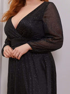 Plus Size V-Neck Shiny Long Sleeve Maxi Dress #color_Black