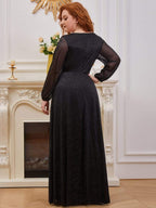 Plus Size V-Neck Shiny Long Sleeve Maxi Dress #color_Black