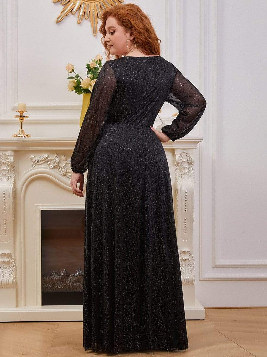 Plus Size V-Neck Shiny Long Sleeve Maxi Dress #color_Black