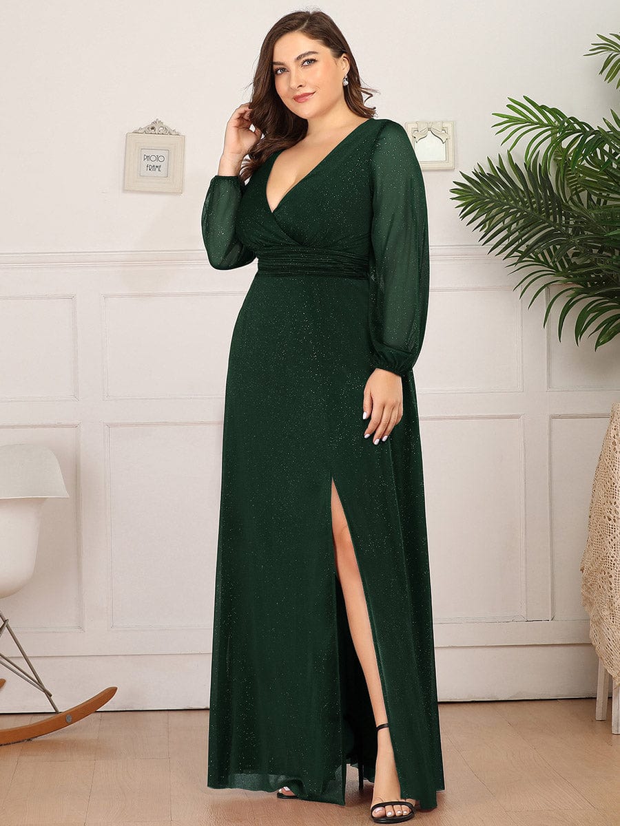 Plus Size V-Neck Shiny Long Sleeve Maxi Dress #color_Dark Green