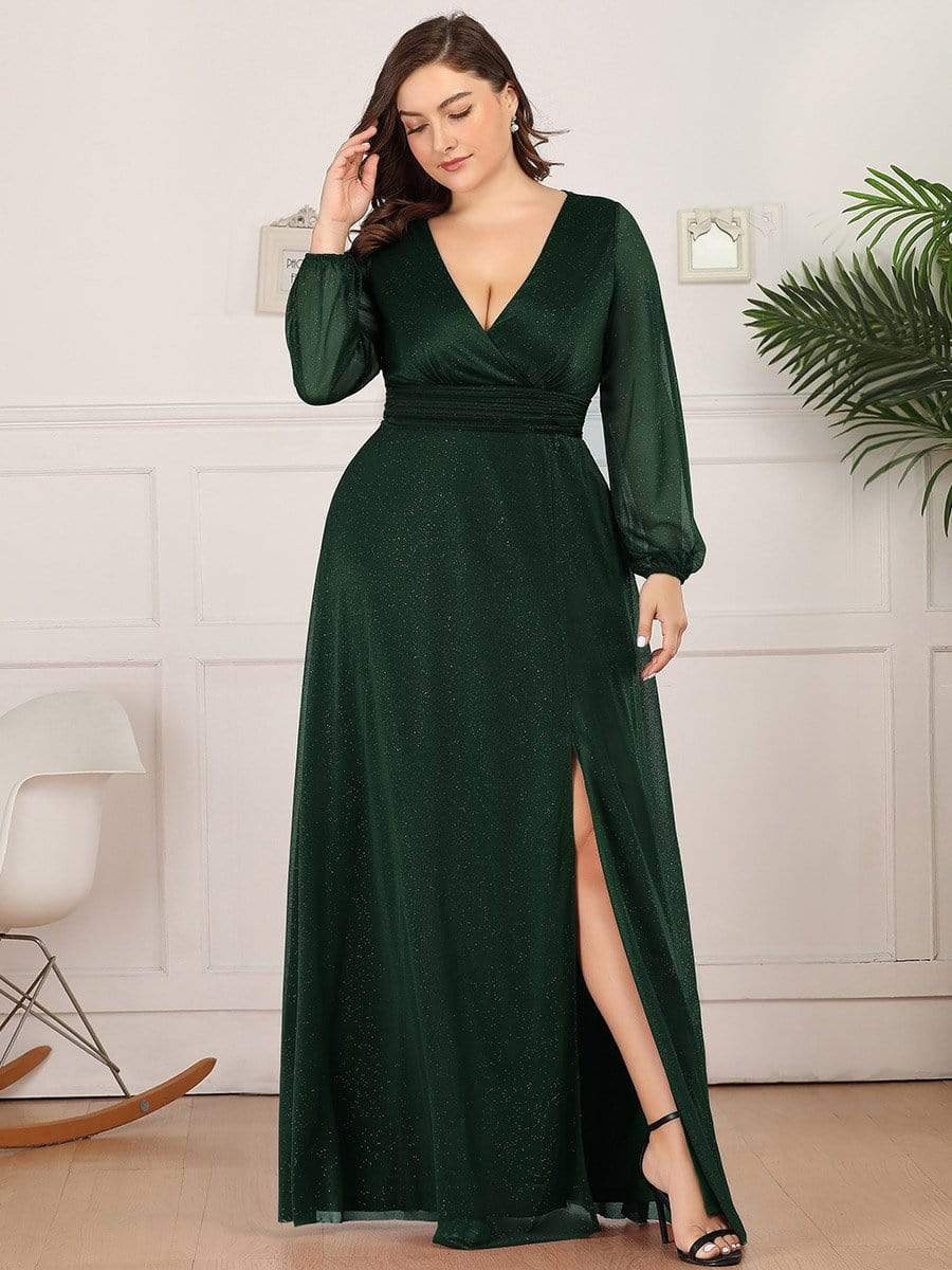 Plus Size V-Neck Shiny Long Sleeve Maxi Dress #color_Dark Green