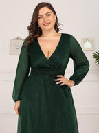 Plus Size V-Neck Shiny Long Sleeve Maxi Dress #color_Dark Green