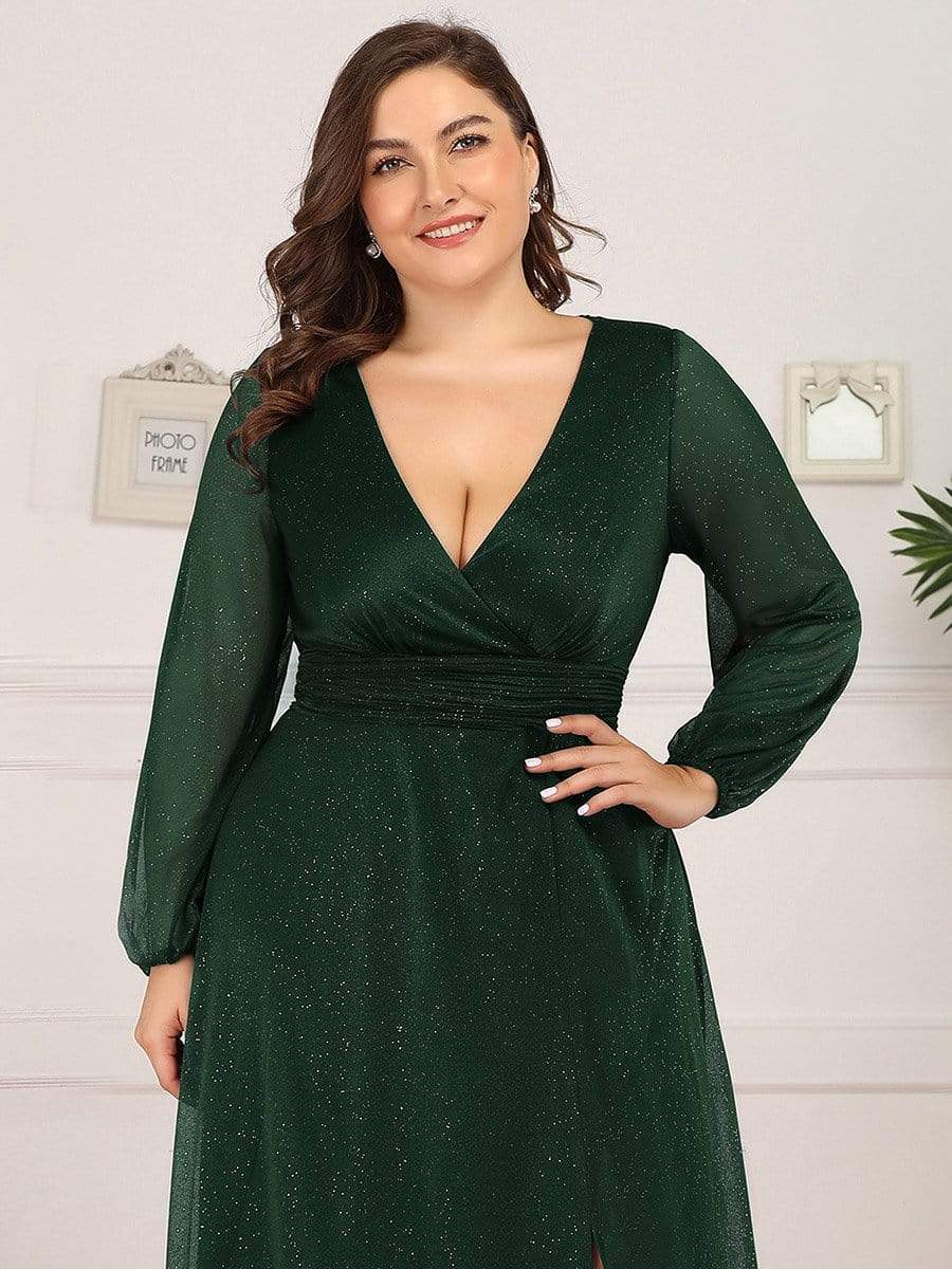 Plus Size V-Neck Shiny Long Sleeve Maxi Dress #color_Dark Green