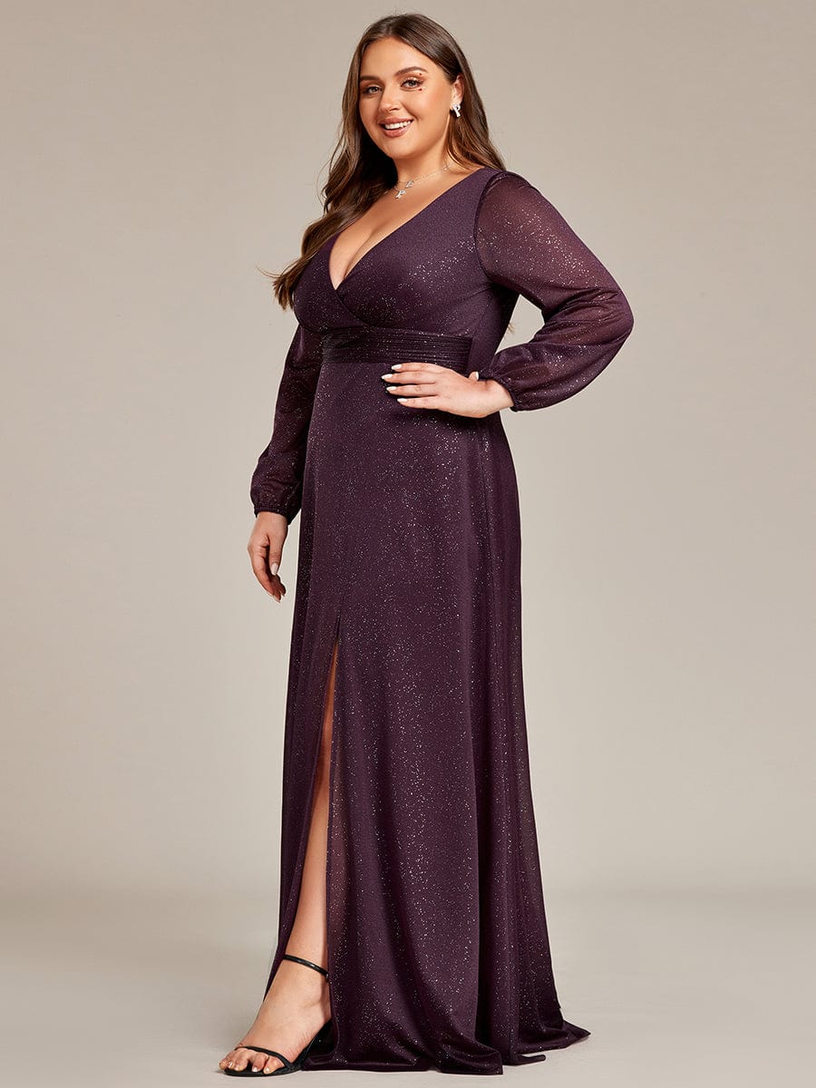 Plus Size V-Neck Shiny Long Sleeve Maxi Dress #color_Dark Purple