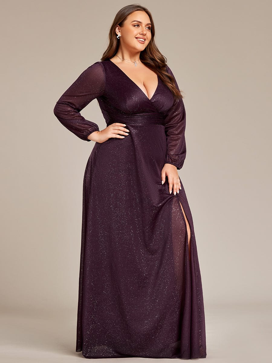 Plus Size V-Neck Shiny Long Sleeve Maxi Dress #color_Dark Purple