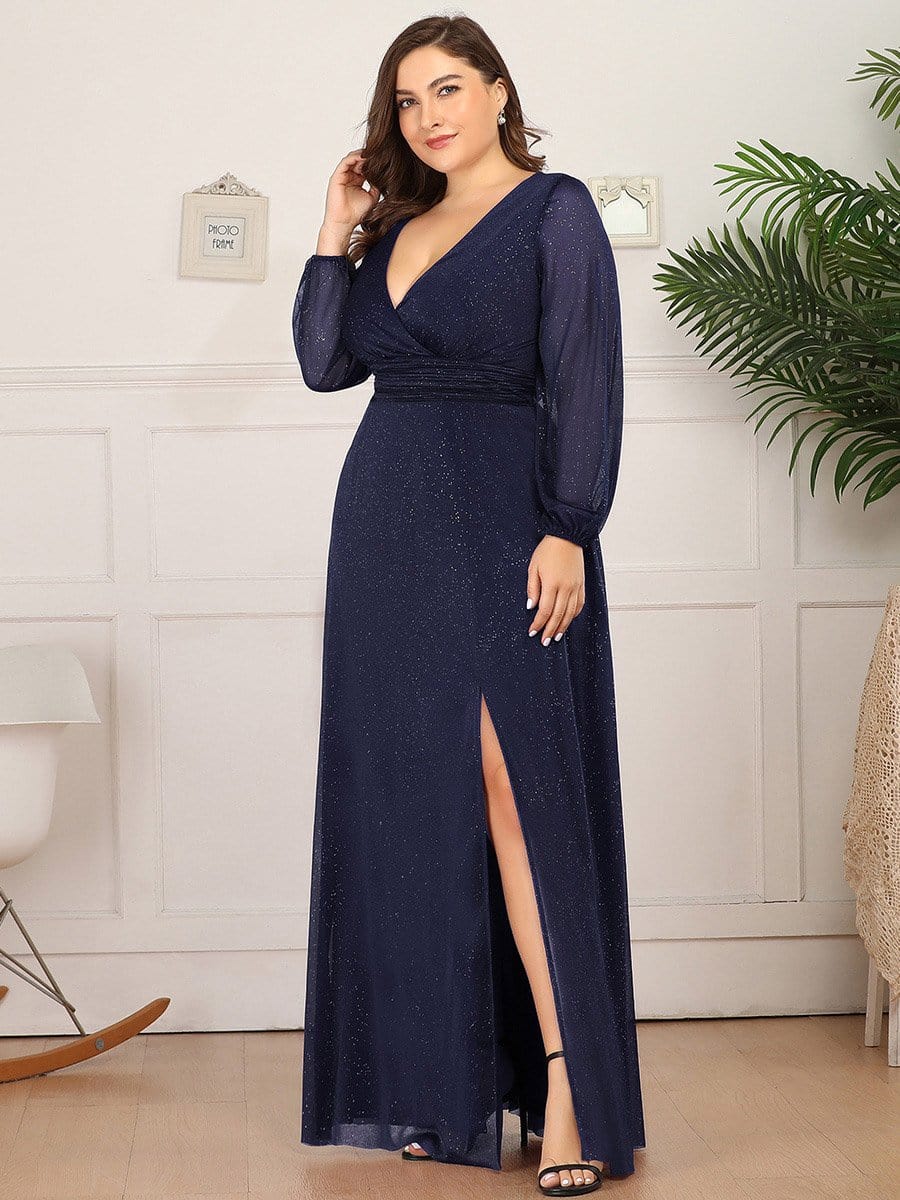 Plus Size V-Neck Shiny Long Sleeve Maxi Dress #color_Navy Blue