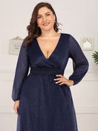 Plus Size V-Neck Shiny Long Sleeve Maxi Dress #color_Navy Blue