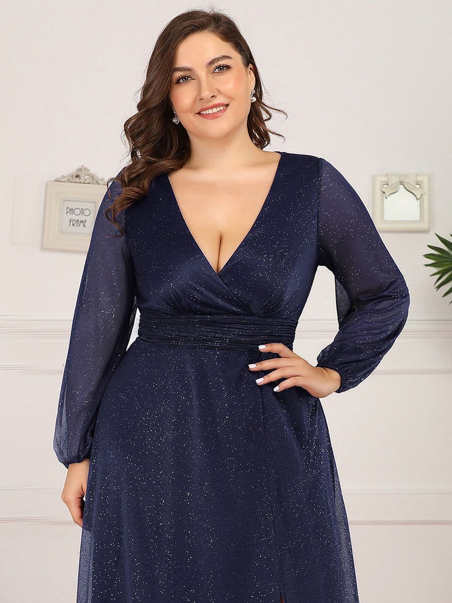 Plus Size V-Neck Shiny Long Sleeve Maxi Dress #color_Navy Blue