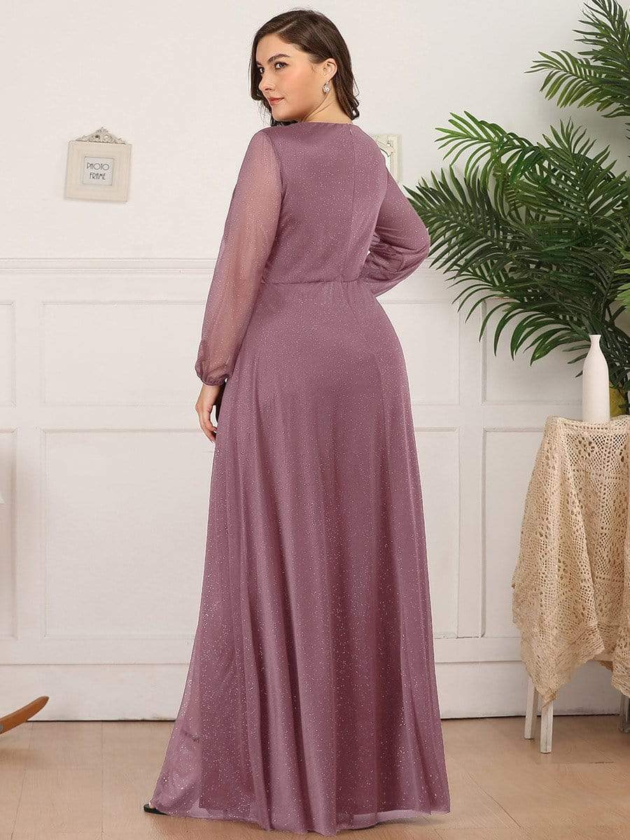 Plus Size V-Neck Shiny Long Sleeve Maxi Dress #color_Purple Orchid
