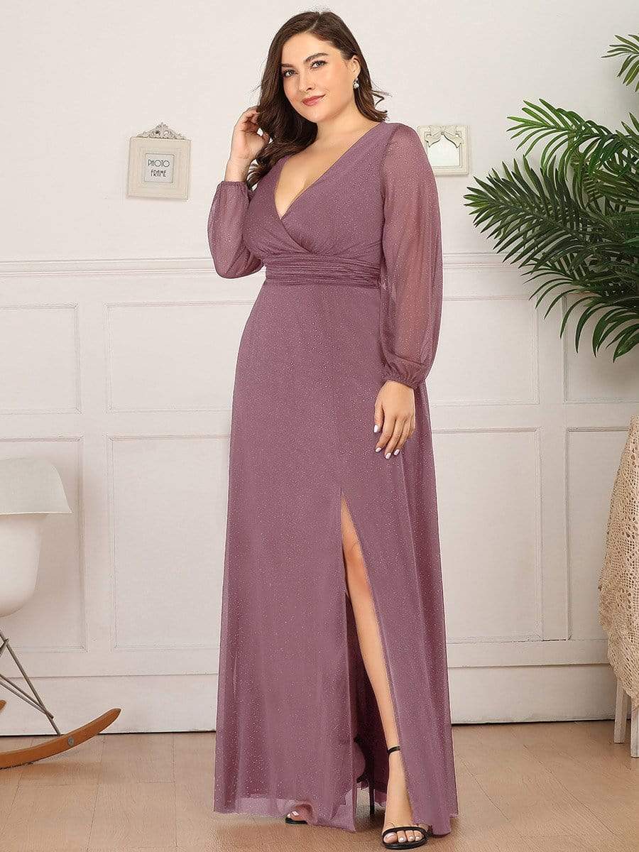 Plus Size V-Neck Shiny Long Sleeve Maxi Dress #color_Purple Orchid